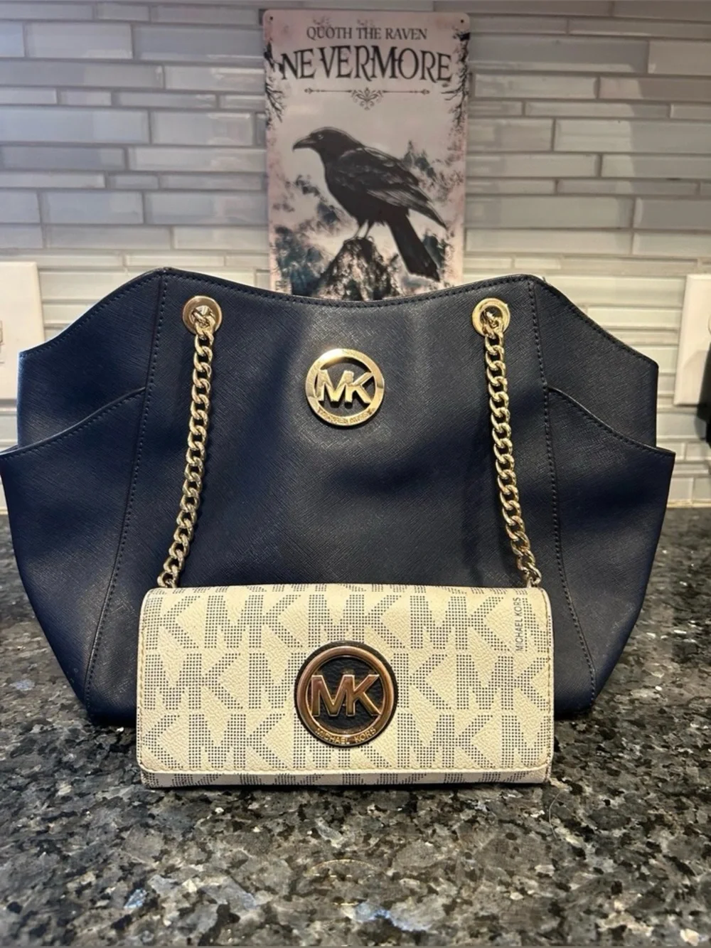 Michael Kors Navy Jet Set Chain Tote & Vanilla Fulton Wallet Set